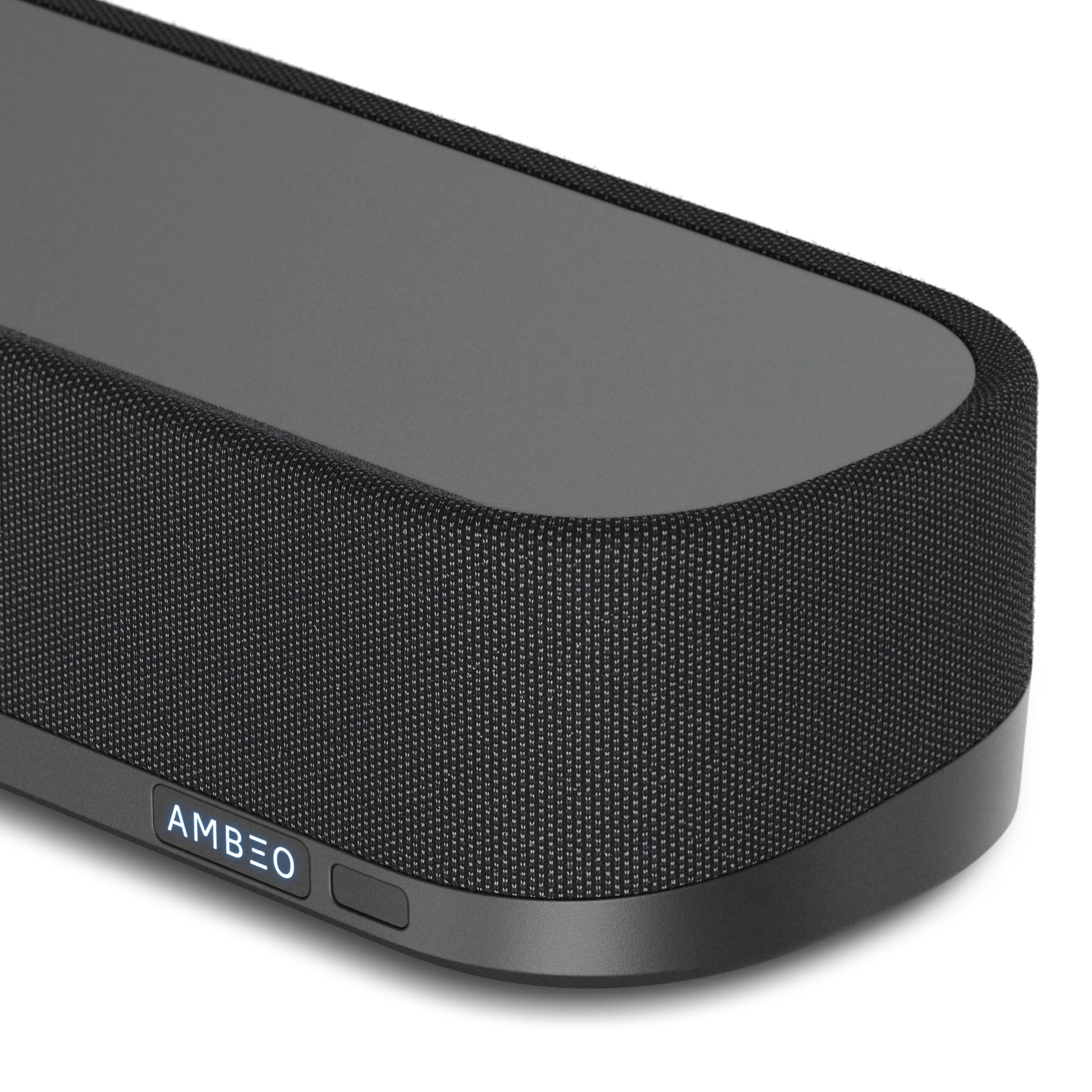 Close-up of the Sennheiser AMBEO Soundbar Mini in black color, showing the fabric speaker grill and the AMBEO logo.