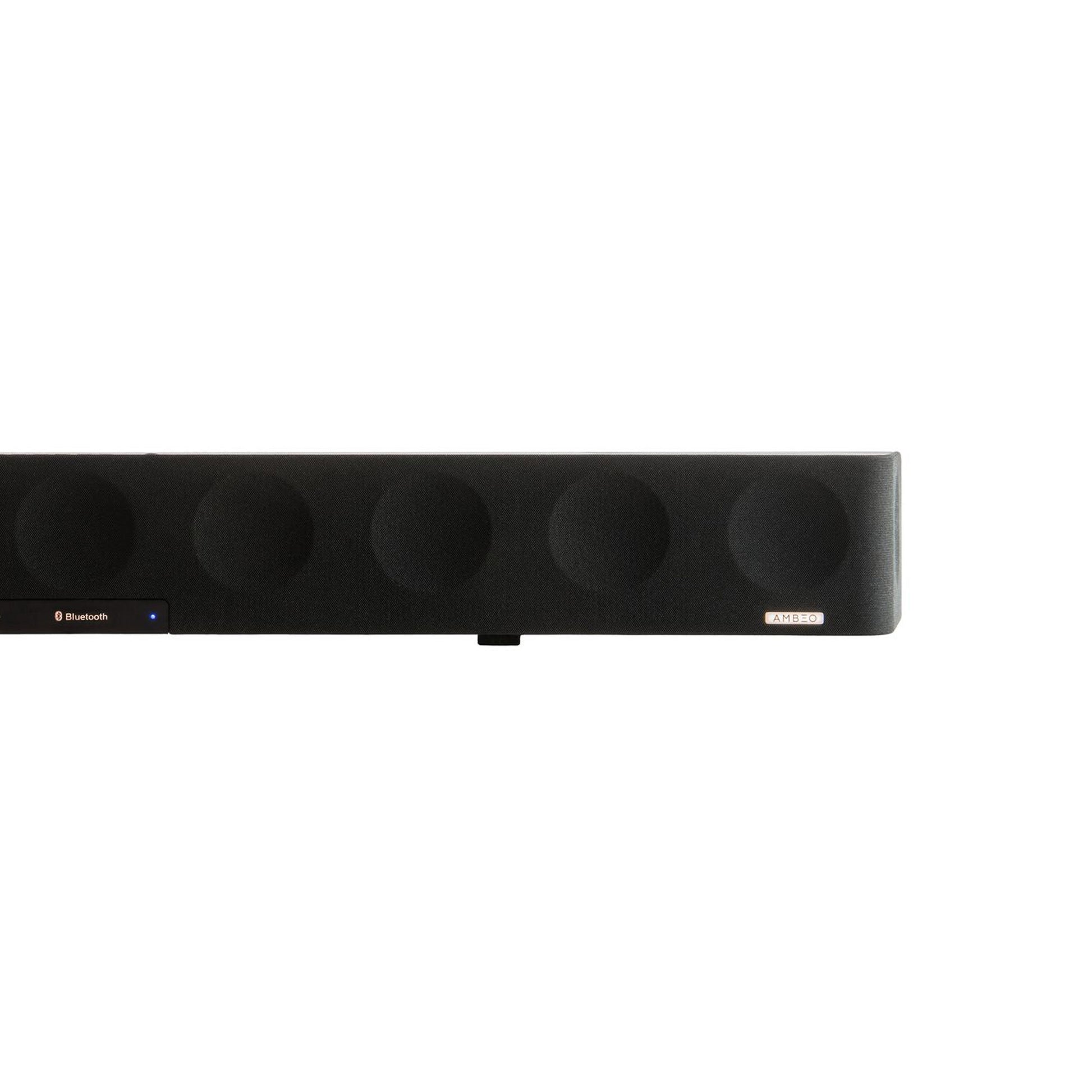 Black Sennheiser AMBEO soundbar with Bluetooth indicator on a white background