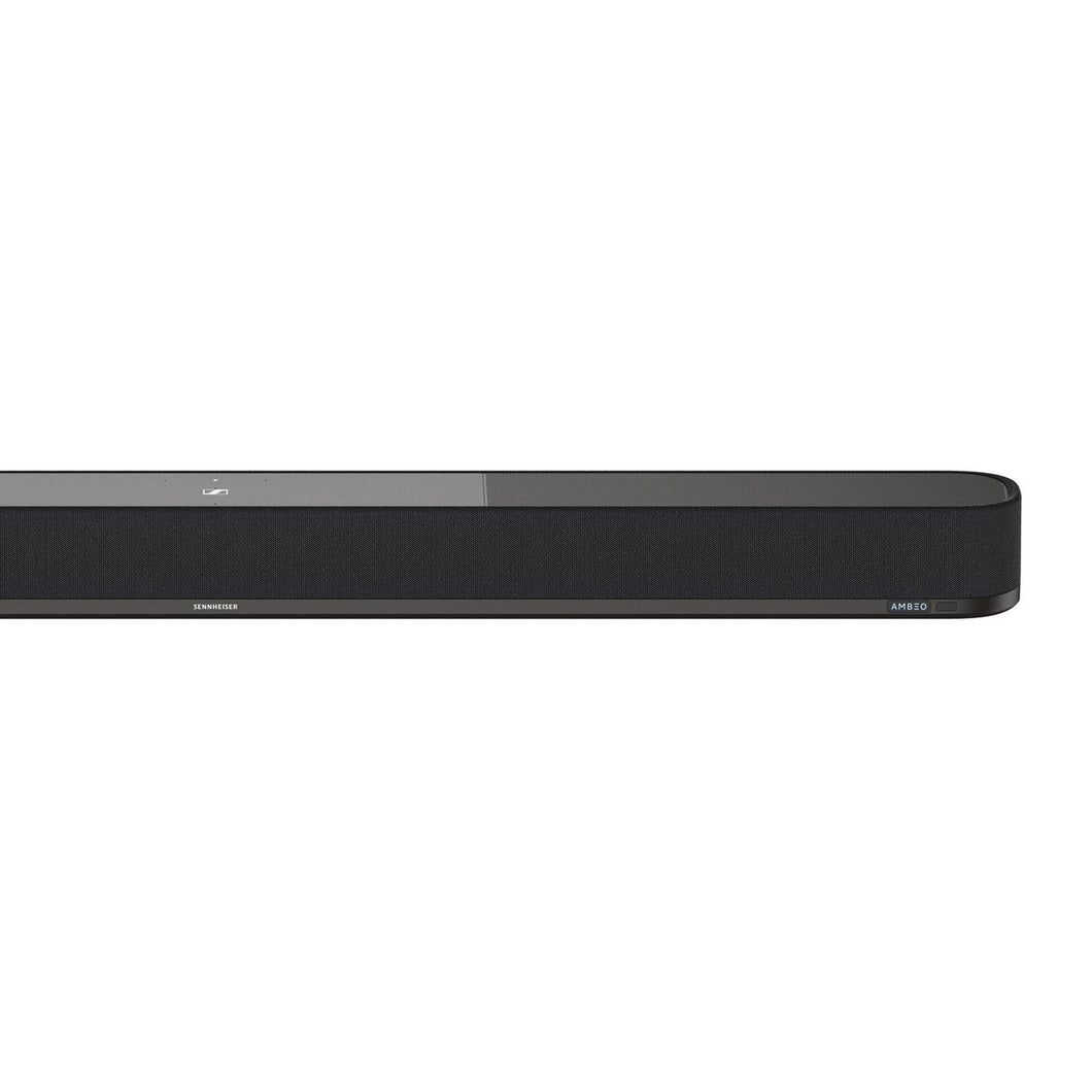 Black Sennheiser AMBEO soundbar Plus on a white background
