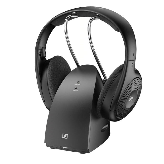Sennheiser RS 120-W On-Ear Wireless Headphones in black color, displayed alongside its combination transmitter/charger dock.