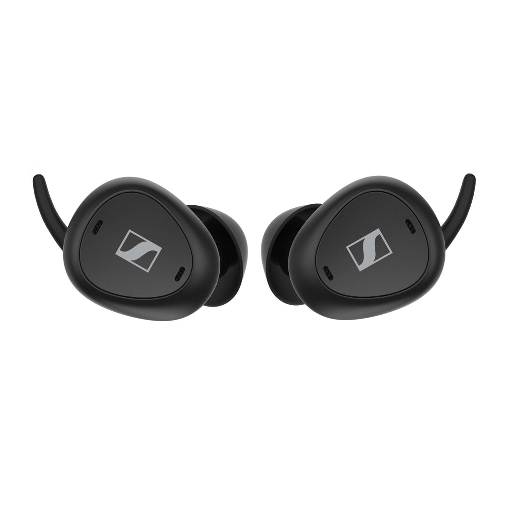 Black wireless earbuds with Sennheiser logo on a white background