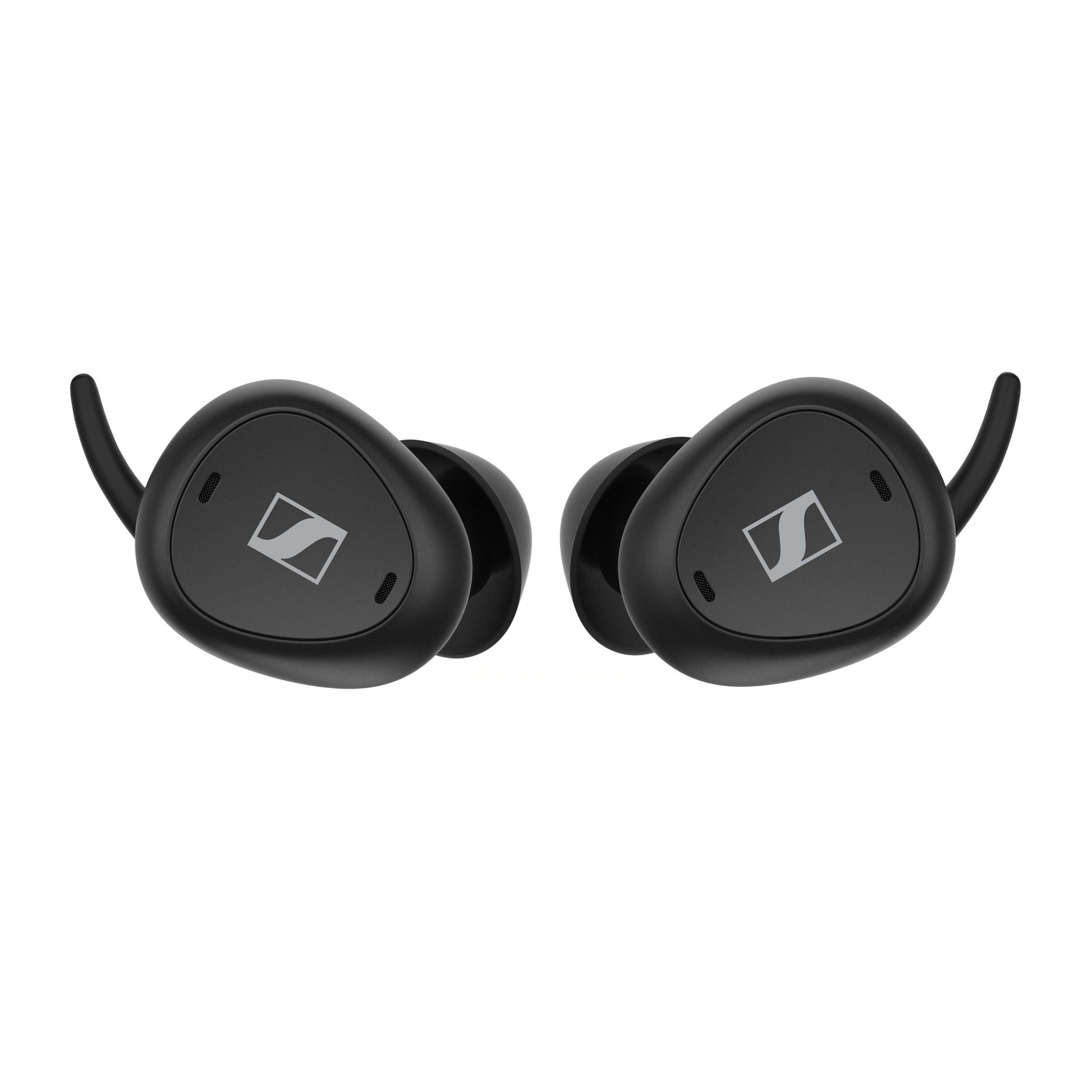 Black wireless earbuds with Sennheiser logo on a white background