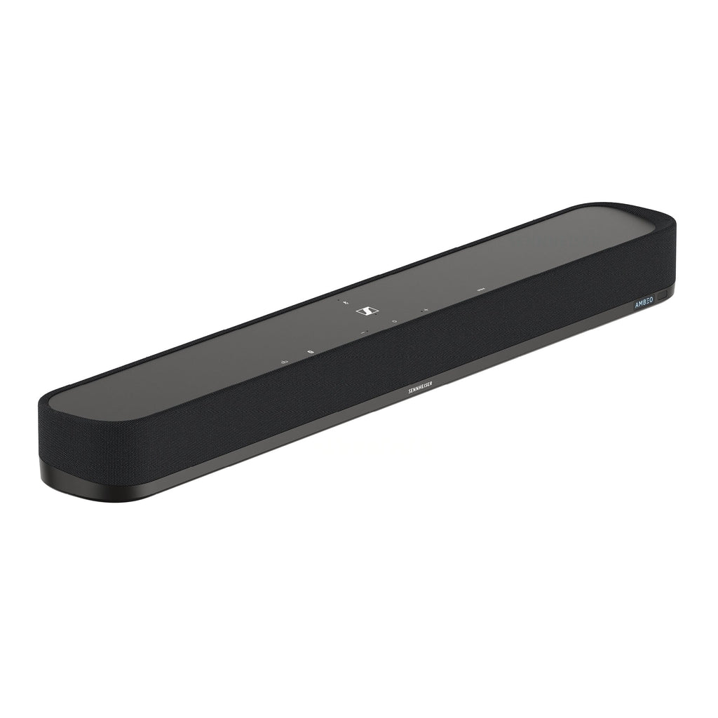 A black Sennheiser AMBEO Soundbar Mini, a compact and sleek soundbar