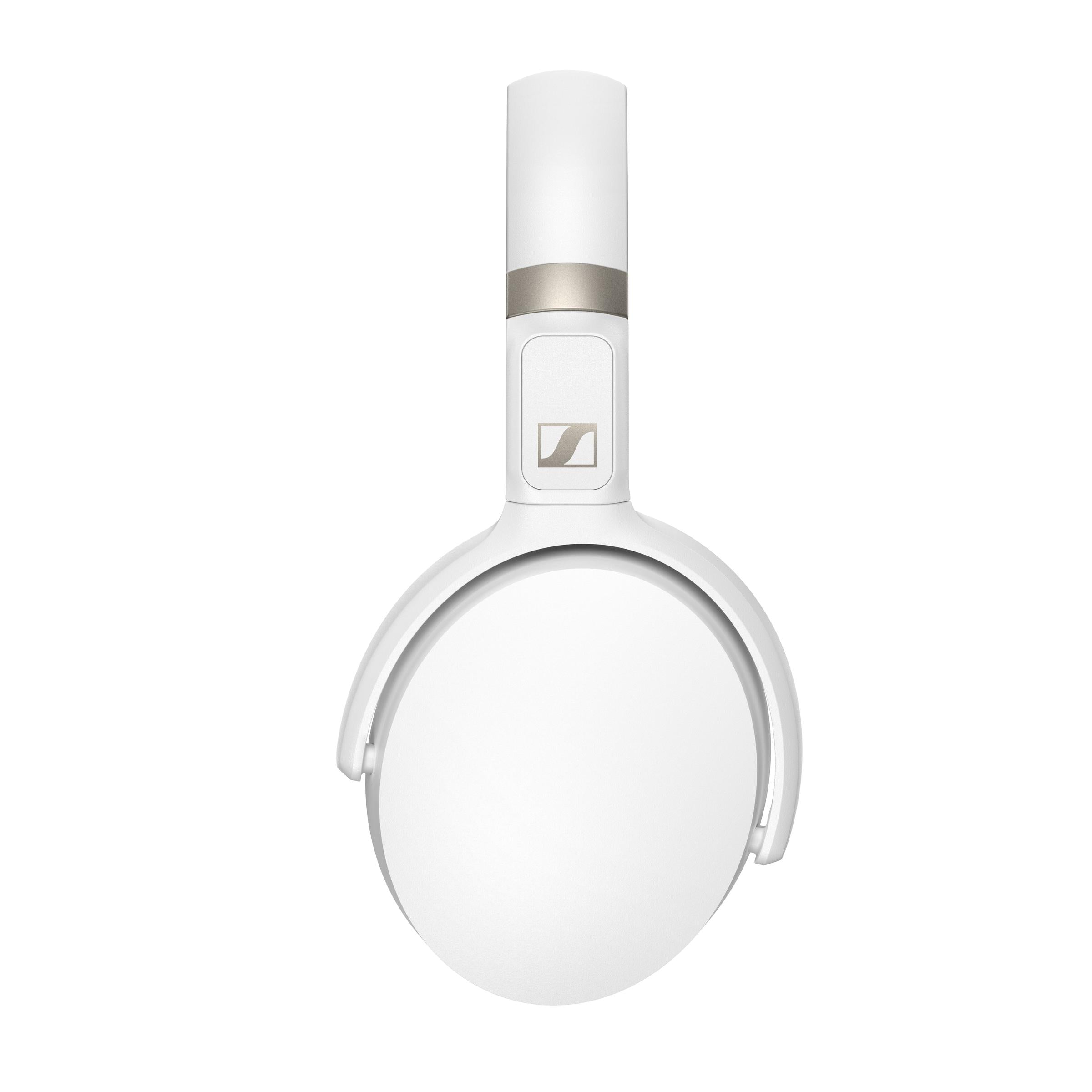 White headphones with a Sennheiser logo on a white background